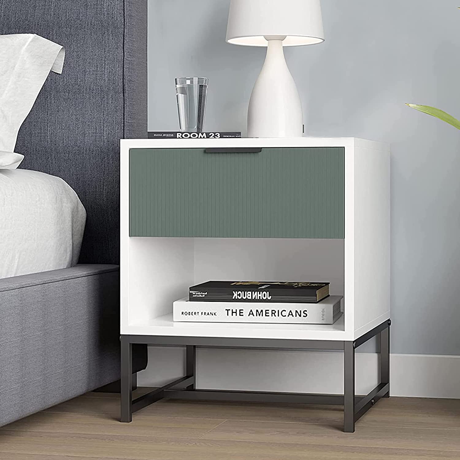 Lilola Home Otis White and Green Wood Nightstand Side Table Steel Frame with Shelf and Drawer